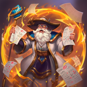 An angry Wizard's Headmaster with a bunch of papers around him all marked F minus