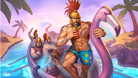 A burly hannibal in swim trunks on a boat with a flamingo figurehead.