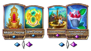 Earth stone and Midas from Epic to Rare, Golden Fountain and Trash Can Full of Strawberries from rare to mythic.