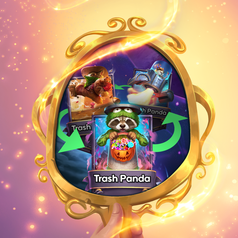 A mirror being held up and inside there are three Trash Panda skins.