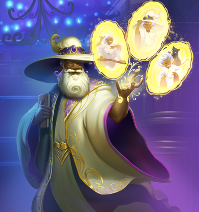 A white-cloaked wizard casting a spell that looks like 3 yellow banana chips