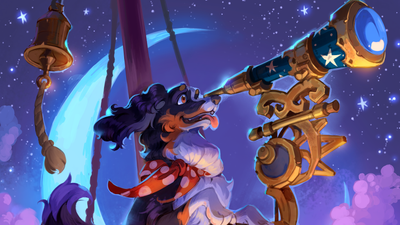 A lovable Australian Shepherd standing ona crow's nest of a ship looking through a spyglass at the stary night sky.