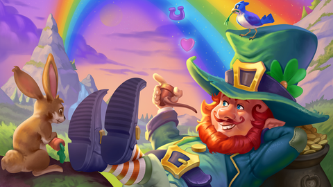 A lucky leprechaun laying down smoking a pipe and looking at his charms on a rainbow.