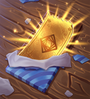 A partially-unwrapped candy bar reveals a glowing, golden ticket.