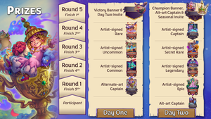 A chart shows the prizes for each stage of the tournament as follows: Day One, Round 1 - alt-art Captain (Indiana Clones); Round 2 - artist-signed Common (Laser Shark); Round 3 - signed Uncommon (Mech-a-Man); Round 4 - signed Rare (Sunflare Glider); Round 5 - Victory banner and a Day Two Invite; Day Two, participant - alt-art Captain (Lil' Genie); Round 1 - signed Epic (Medusa); Round 2 - signed Legendary (Bahamut); Round 3 - signed Secret Rare (Tribble Trouble); Round 4 - signed Captain (Artemis); Round 5 - Champion banner, alt-art Captain (The Candyman), and a Seasonal Invite.