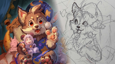 A little werewolf all tucked into bed with his pajamas and stuffed animals and a sketch of this art as it was being made