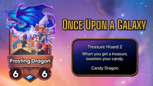 A card-reveal for Frosting Dragon, a 6-attack/6-health rare character with the rules text 'Treasure Hoard 2; When you get a treasure, sweeten your candy.' and types 'Candy' and 'Dragon'. Its art shows a blue dragon breathing out a blast of frosting at a gingerbread house; gingerbread people and elves joyfully dance in celebration.