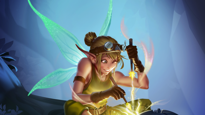 Tink wearing forging goggles and using  her wand as an arc welder