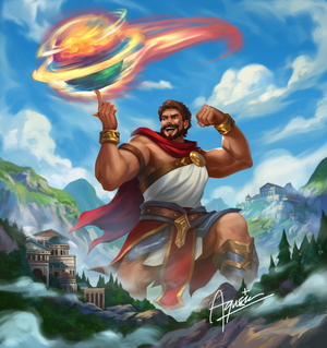 A greek hero spinning a planet and looking awesome.