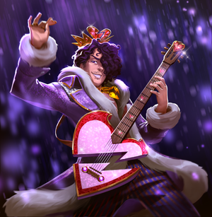 A purple cloaked rock star playing a broken heart guitar