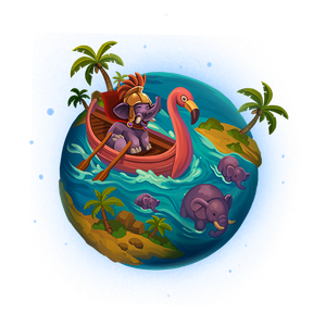 a cheerful element sailing a flamingo boat on a little planet node