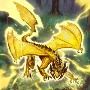 A red cheeked yellow dragon casting a shocking thunderbolt spell